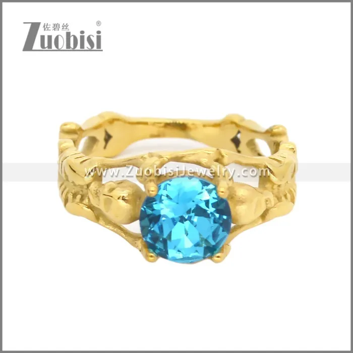 Golden Two Skulls Ring with Blue Zircon