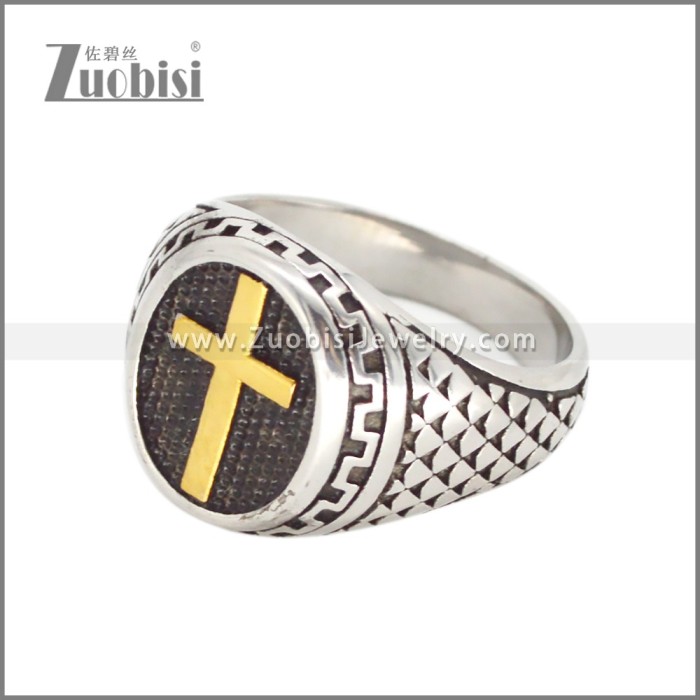 Bicolor Stainless Steel Golden Cross Silver Ring r010384S