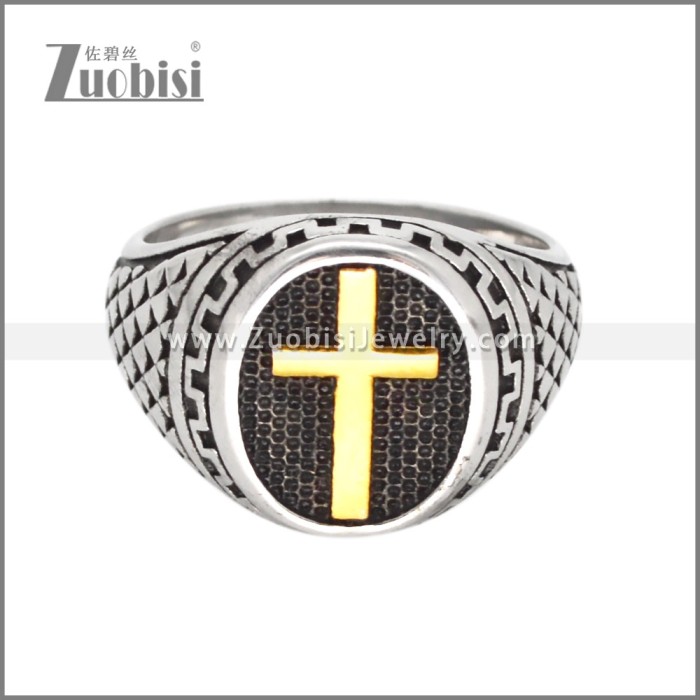 Bicolor Stainless Steel Golden Cross Silver Ring r010384S