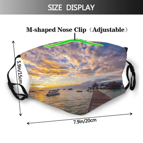 yanfind Jetty Idyllic Tropical Shore Oceanside Sunset Seaside Dawn Sea Clouds Watercrafts Scenery Dust Washable Reusable Filter and Reusable Mouth Warm Windproof Cotton Face