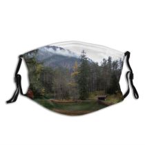 yanfind Idyllic Wooden Lake Daytime Tranquil Picturesque Scenery Mountains Lodge Rural Trees Sky Dust Washable Reusable Filter and Reusable Mouth Warm Windproof Cotton Face