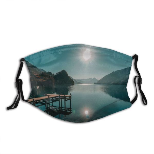 yanfind Jetty Idyllic Lake Daylight Calm Mountain Tranquil Scenery Dock Glare Mountains Sun Dust Washable Reusable Filter and Reusable Mouth Warm Windproof Cotton Face