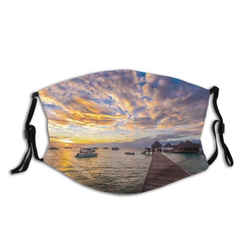 yanfind Jetty Idyllic Tropical Shore Oceanside Sunset Seaside Dawn Sea Clouds Watercrafts Scenery Dust Washable Reusable Filter and Reusable Mouth Warm Windproof Cotton Face
