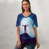 yanfind V Neck T-shirt for Women Shaurya Singh Fantasy Alone Silhouette Moon Night Clouds Starry Sky Summer Top  Short Sleeve Casual Loose