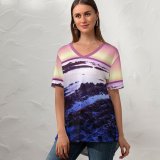 yanfind V Neck T-shirt for Women Romain Guy Fitzgerald Marine California USA Moss Beach Rocks Sunset Purple Sky Summer Top  Short Sleeve Casual Loose