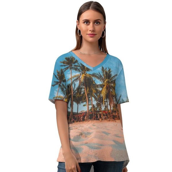 yanfind V Neck T-shirt for Women Shoreline Ocean Land Kagie Island Ramon Wallpapers Sea Philippines Beach Tropical Summer Top  Short Sleeve Casual Loose