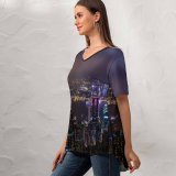yanfind V Neck T-shirt for Women Peter Y. Chuang Hong Kong City Skyscrapers Night Time Cityscape Aerial City Summer Top  Short Sleeve Casual Loose