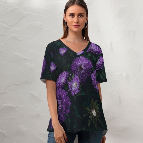 yanfind V Neck T-shirt for Women Autumn Petal Mother Flowers Aster Anemone Wallpapers Closeup Dahlia Plant Asteraceae Summer Top  Short Sleeve Casual Loose
