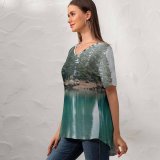 yanfind V Neck T-shirt for Women Shoreline Fir Ocean Land Wallpapers Sea Plant Lake Mountain Outdoors Tree Summer Top  Short Sleeve Casual Loose