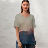 yanfind V Neck T-shirt for Women Olivier Miche Mountains Moon Scenic France Summer Top  Short Sleeve Casual Loose