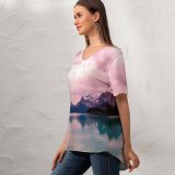 yanfind V Neck T-shirt for Women Jasper HQ Maligne Landscape Public Snow Wallpapers Lake Mountain Outdoors Awesome Summer Top  Short Sleeve Casual Loose