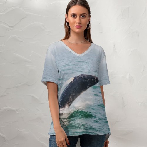 yanfind V Neck T-shirt for Women Open Splash Ocean Life Sea Wallpapers Wildlife Waves Harbor Travel Stock Summer Top  Short Sleeve Casual Loose