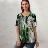 yanfind V Neck T-shirt for Women Simon Bardet Tiger Bengal Tiger Forest Daytime Big Cat Summer Top  Short Sleeve Casual Loose
