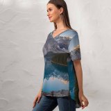 yanfind V Neck T-shirt for Women Sven Muller Moraine Lake Landscape Sunrise Mountains Summer Top  Short Sleeve Casual Loose