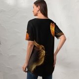 yanfind V Neck T-shirt for Women Chiara Lily Black Dark Kitten Cat Butterflies Glowing Manipulation Closeup Summer Top  Short Sleeve Casual Loose