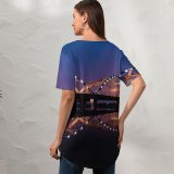 yanfind V Neck T-shirt for Women Quang Anh Ta Dragon Bridge City Lights Night Reflection Arch Bridge Hàn Summer Top  Short Sleeve Casual Loose