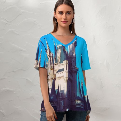 yanfind V Neck T-shirt for Women Castle Buena Wallpapers Mouse Lake Architecture Free States Disney Magic Flag Summer Top  Short Sleeve Casual Loose