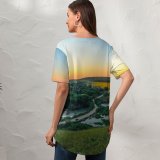 yanfind V Neck T-shirt for Women River Countryside Landscape Sunset Horizon Trees Grass Farmland Summer Top  Short Sleeve Casual Loose