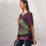 yanfind V Neck T-shirt for Women Richard Mohler Peacock Feather Drop Selective Focus Macro Blur Summer Top  Short Sleeve Casual Loose