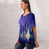 yanfind V Neck T-shirt for Women Romain Trystram Cityscape Neon Reflections Summer Top  Short Sleeve Casual Loose