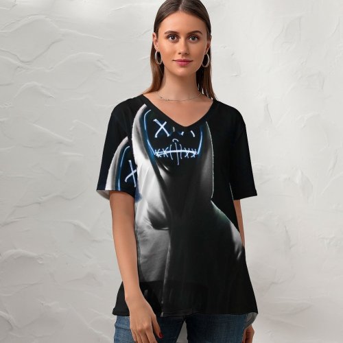 yanfind V Neck T-shirt for Women Sebastiaan Stam Black Dark LED Dope Night Anonymous Hoodie AMOLED Summer Top  Short Sleeve Casual Loose