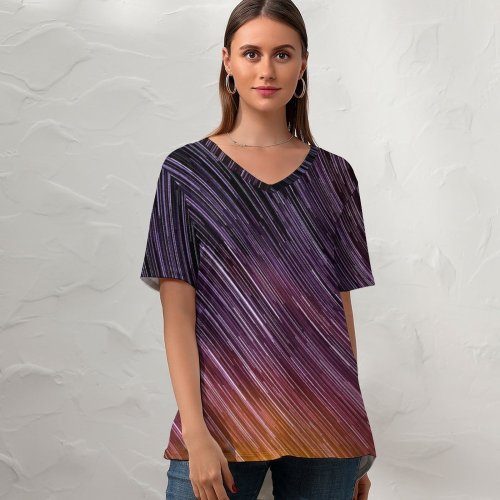 yanfind V Neck T-shirt for Women Space Star Trails Timelapse Astronomy Outer Space Night Sky Exposure Science Purple Summer Top  Short Sleeve Casual Loose