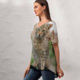 yanfind V Neck T-shirt for Women Lovely Wildlife Pictures Pet Creature Curious Free Lynx Cat Summer Top  Short Sleeve Casual Loose