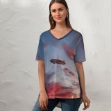 yanfind V Neck T-shirt for Women Airship Sky Wallpapers Dusk Beach Outdoors Free Hermosa Aircraft Pictures Vehicle Summer Top  Short Sleeve Casual Loose