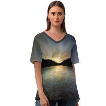 yanfind V Neck T-shirt for Women Rose Valley Reservoir British Columbia Canada Sunset Frozen Silhouette Landscape Dusk Summer Top  Short Sleeve Casual Loose