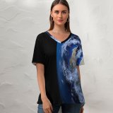 yanfind V Neck T-shirt for Women PIROD Space Black Dark Earth Planet Warming Summer Top  Short Sleeve Casual Loose