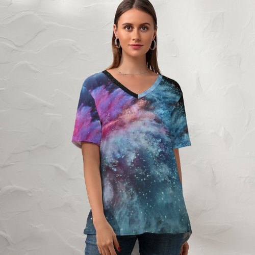 yanfind V Neck T-shirt for Women Splash Colorful Microsoft Studio Summer Top  Short Sleeve Casual Loose