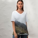 yanfind V Neck T-shirt for Women Road Hills Wallpapers Path Cloud Waterfall Mountain Pictures Nervum Fog Mist Summer Top  Short Sleeve Casual Loose