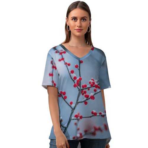 yanfind V Neck T-shirt for Women Bush Christmas Flora Frost Snow Wallpapers Plant Branches Tree Stock Free Summer Top  Short Sleeve Casual Loose