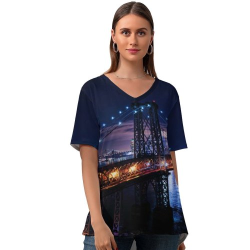 yanfind V Neck T-shirt for Women Zac Ong Williamsburg Bridge Suspension Bridge York City City Lights Night Cityscape Summer Top  Short Sleeve Casual Loose