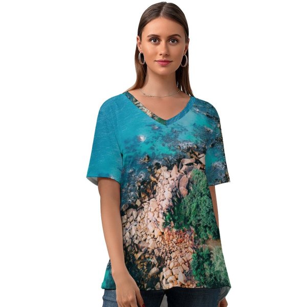 yanfind V Neck T-shirt for Women Pok Rie Seashore Coastline Rocks Trees Ocean Aerial Birds Eye Scenery Landscape Summer Top  Short Sleeve Casual Loose