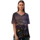 yanfind V Neck T-shirt for Women Peter Y. Chuang Hong Kong City Skyscrapers Night Time Cityscape Aerial City Summer Top  Short Sleeve Casual Loose