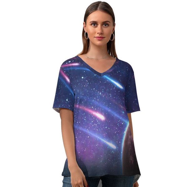 yanfind V Neck T-shirt for Women Space Planet Comet Galaxy Asteroids Colorful Summer Top  Short Sleeve Casual Loose