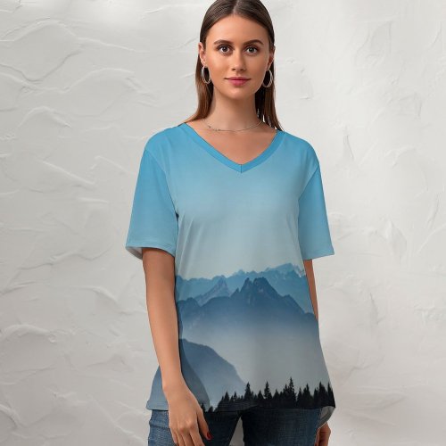 yanfind V Neck T-shirt for Women Olivier Miche Mountains Foggy Morning Serene Clear Sky French Prealps France Summer Top  Short Sleeve Casual Loose