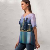 yanfind V Neck T-shirt for Women Romain Guy Singapore Cityscape Buildings Skyscrapers Reflection Night City Lights Colorful Summer Top  Short Sleeve Casual Loose