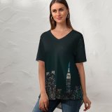yanfind V Neck T-shirt for Women Sanaan Mazhar York City Cityscape Night City Lights Half Moon Starry Sky Summer Top  Short Sleeve Casual Loose