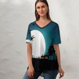yanfind V Neck T-shirt for Women Celebrations Halloween Halloween Pumpkins Moon Night Silhouette Summer Top  Short Sleeve Casual Loose