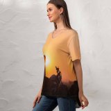 yanfind V Neck T-shirt for Women Sunset Motorcycle Silhouette Golden Hour Summer Top  Short Sleeve Casual Loose