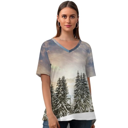 yanfind V Neck T-shirt for Women Robin Kamp Mount Eggli Swiss Alps Mountain Range Snow Covered Winter Snowy Summer Top  Short Sleeve Casual Loose
