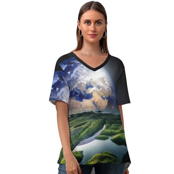yanfind V Neck T-shirt for Women PIROD Space Earth Stars Solaris Sea Summer Top  Short Sleeve Casual Loose