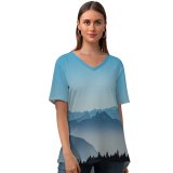 yanfind V Neck T-shirt for Women Olivier Miche Mountains Foggy Morning Serene Clear Sky French Prealps France Summer Top  Short Sleeve Casual Loose