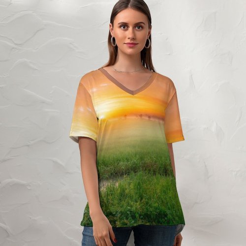 yanfind V Neck T-shirt for Women Sunrise Paddy Fields Landscape Countryside Agriculture Morning Scenic Summer Top  Short Sleeve Casual Loose