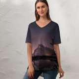 yanfind V Neck T-shirt for Women Peter Kieren Mount Rundle Nightscape Banff National Park Reflection Starry Sky Summer Top  Short Sleeve Casual Loose