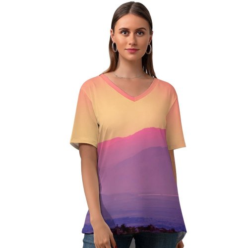 yanfind V Neck T-shirt for Women Romain Guy Sky Sunset Gradient Mountains Landscape Beautiful Scenery Clear Sky Summer Top  Short Sleeve Casual Loose