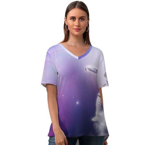 yanfind V Neck T-shirt for Women Space Astronaut Nebula Clouds Space Travel Space Adventure Summer Top  Short Sleeve Casual Loose