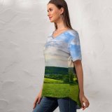 yanfind V Neck T-shirt for Women Land Grassland Grazing Grass Sky Wallpapers Meadow Plant Outdoors Chatillon Stock Summer Top  Short Sleeve Casual Loose